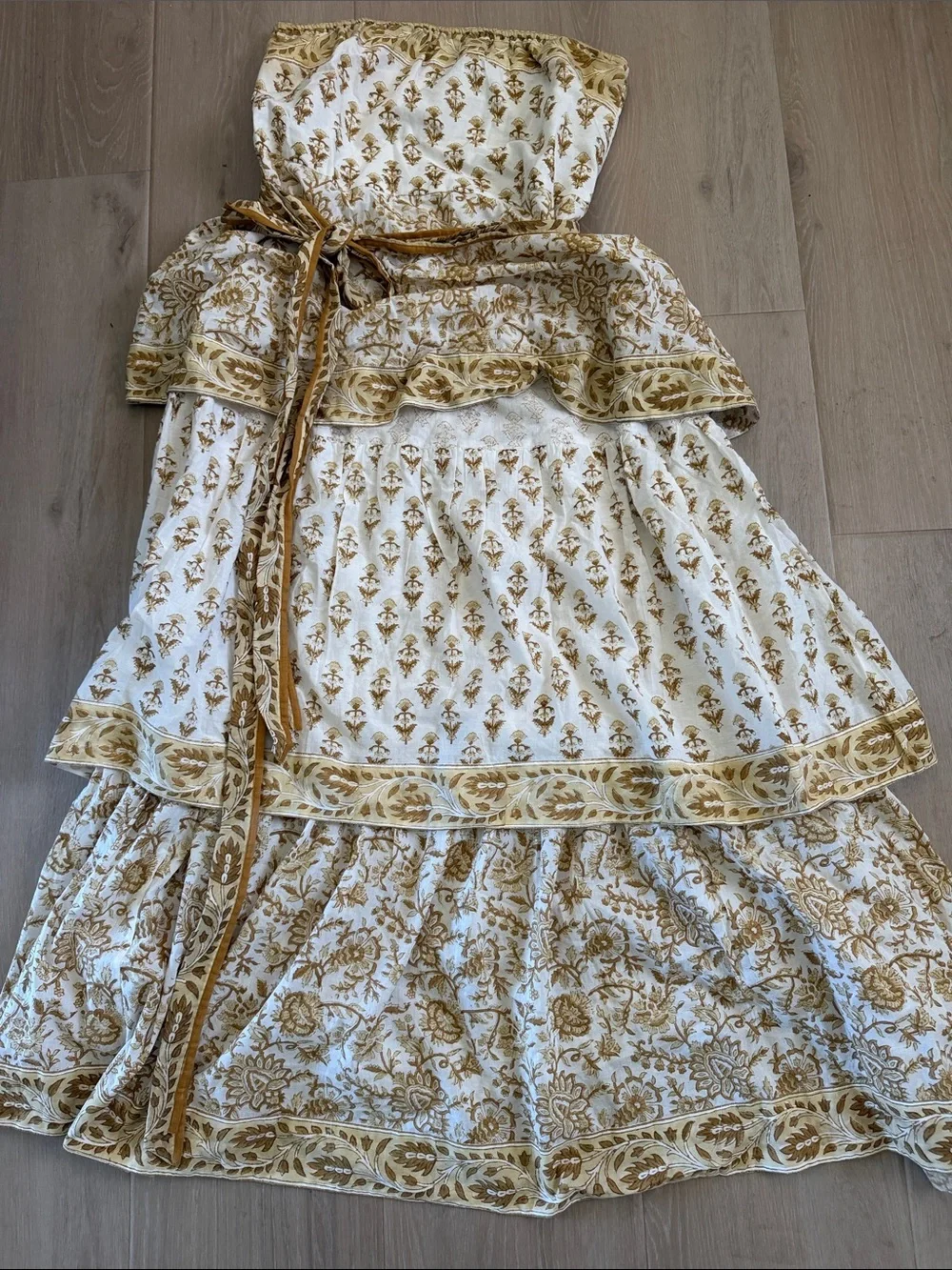 Sue Sartor Maxi Dress size Large gold off white tiered strapless